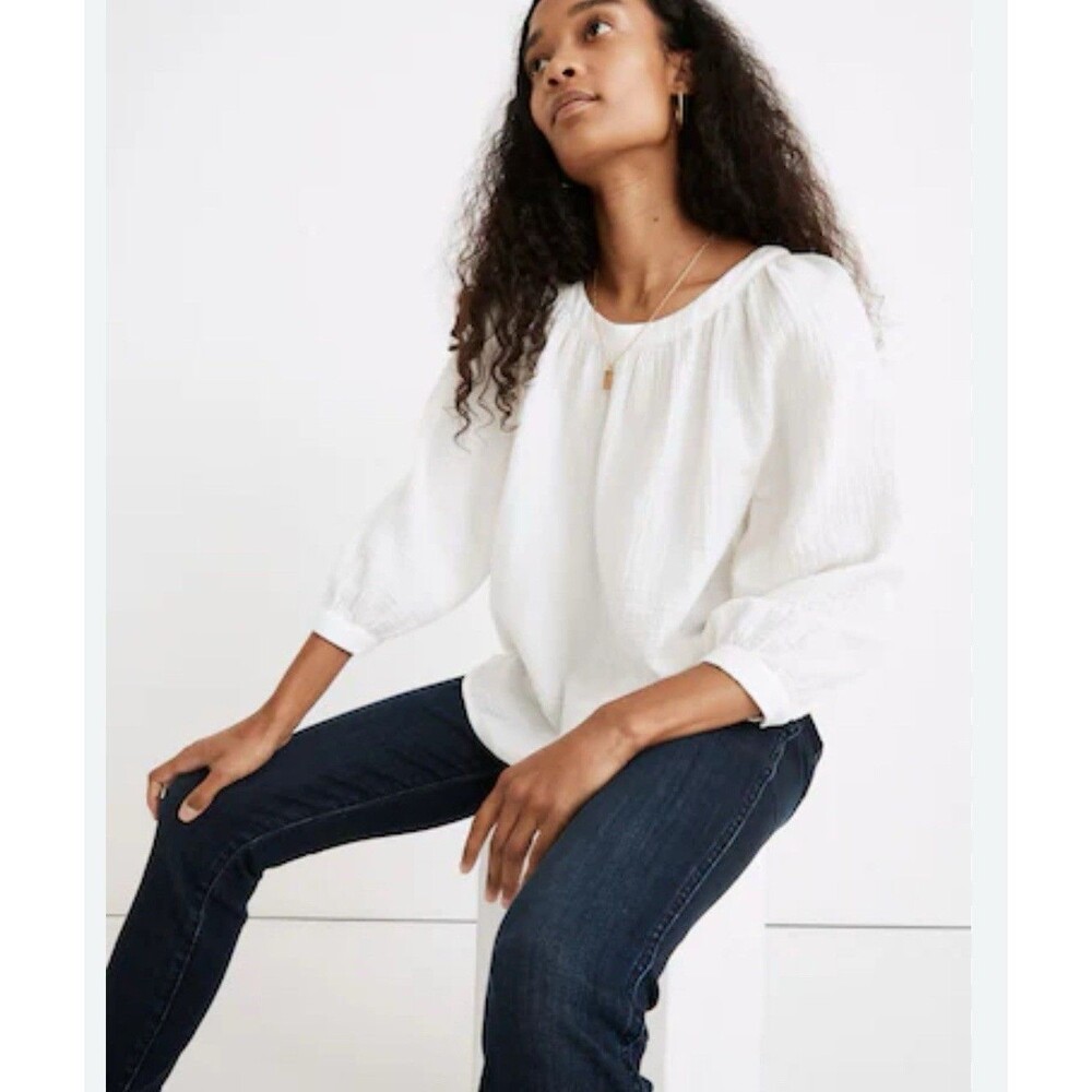 Madewell Lightspun Wide-Neck Cuffed-Sleeve Top White Small Peasant Coastal FF - Picture 1 of 11